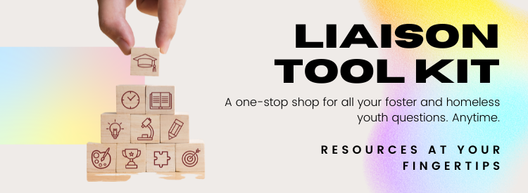 Hand holding pyramid blocks with school-related images on left and "Liaison Tool Kit" in text on the right.